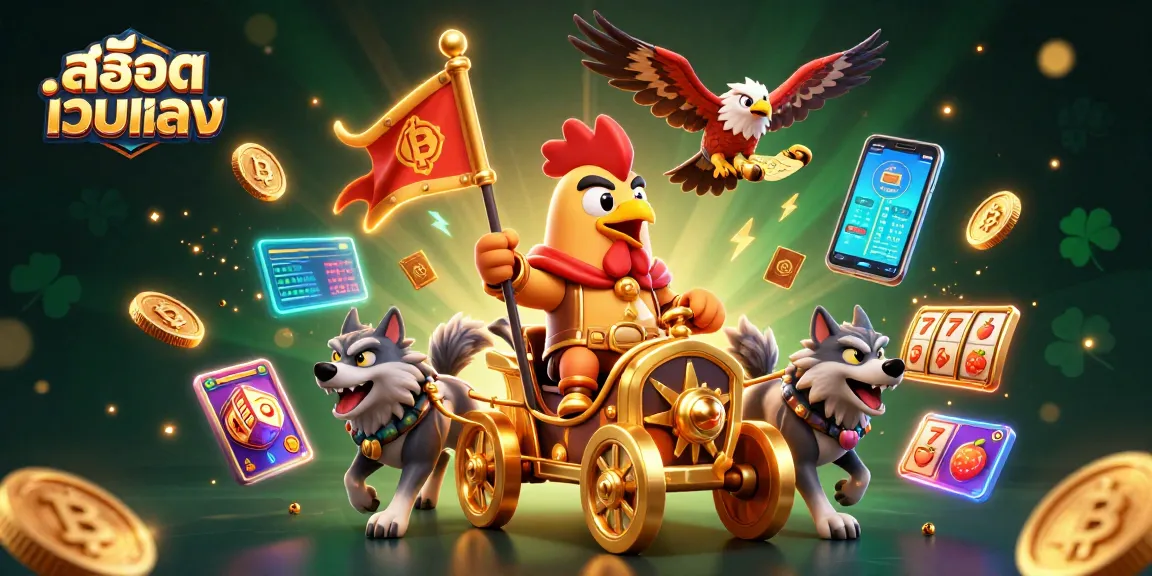 Experience สล็อตเว็บตรง with a golden war chariot scene filled with vibrant casino elements.