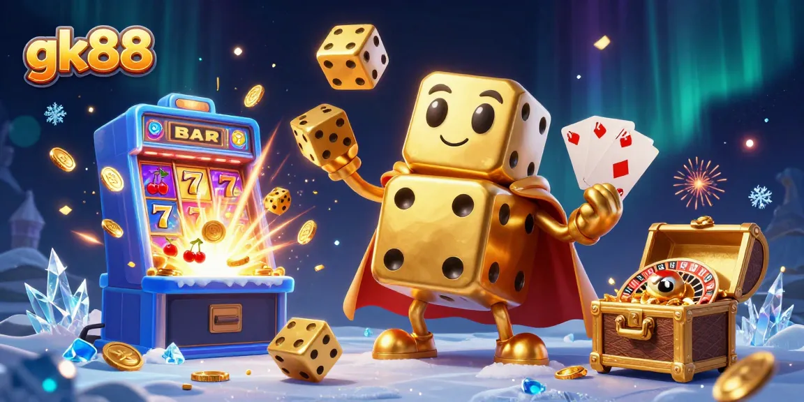 Engage with gk88's thrilling games, featuring golden dice creatures in a vibrant casino scene.