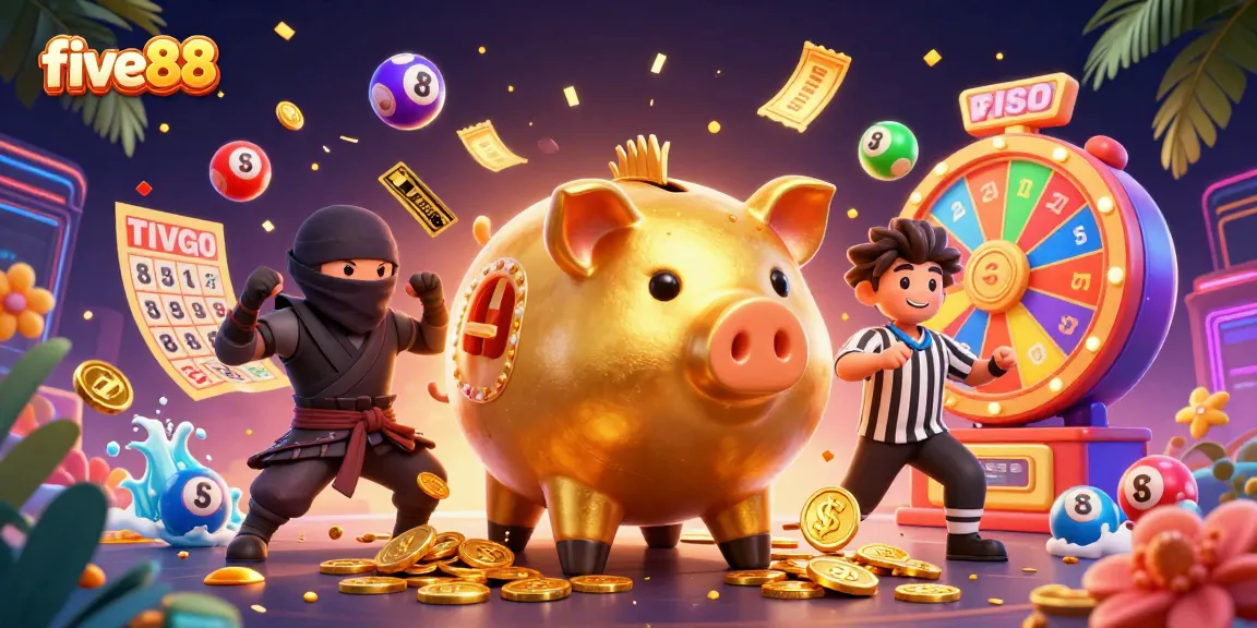 Experience thrilling action at five88 with a golden piggy bank sumo and a wallet-ninja in a dynamic gaming scene.