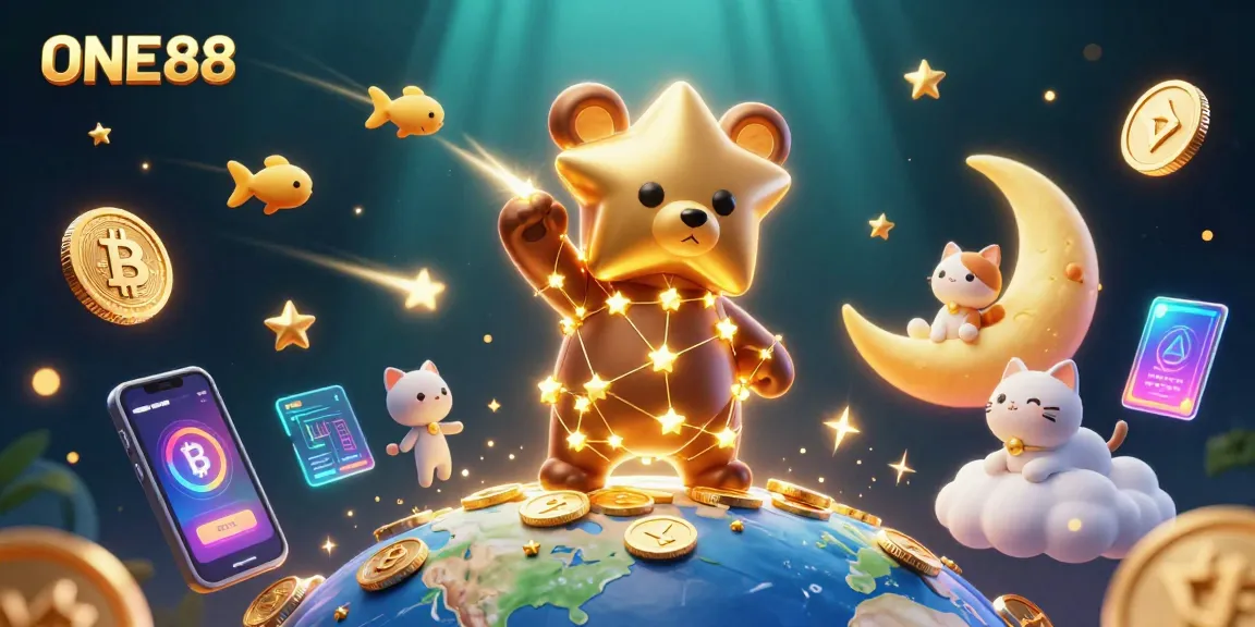 Engage with ONE88's thrilling adventures in a vibrant, 3D casino illustration filled with coins and crypto elements.