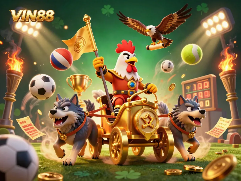 Experience the excitement of VIN88 through a vibrant 3D gaming scene filled with dynamic sports elements.