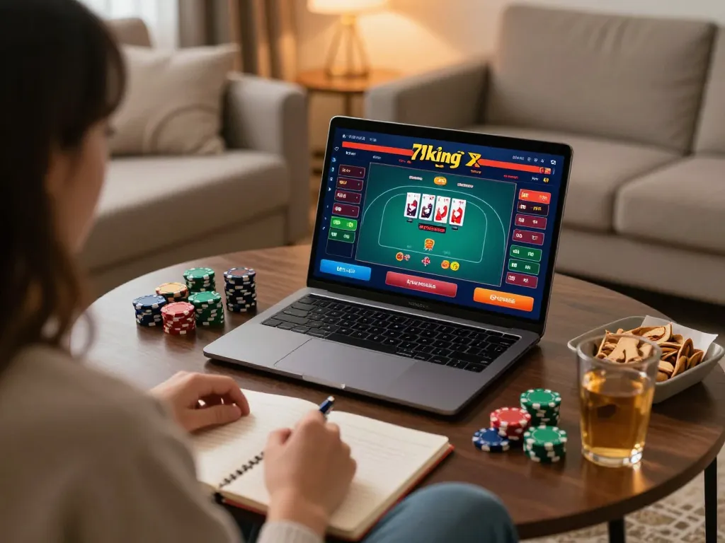 Player engaging with live games on 79king online casino, capturing a cozy home gaming atmosphere.