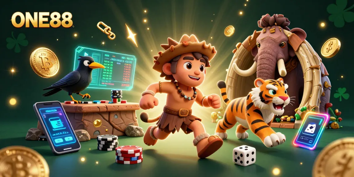 Engage with ONE88's thrilling prehistoric casino showcasing Bitcoin and Ethereum elements in a vibrant 3D scene.