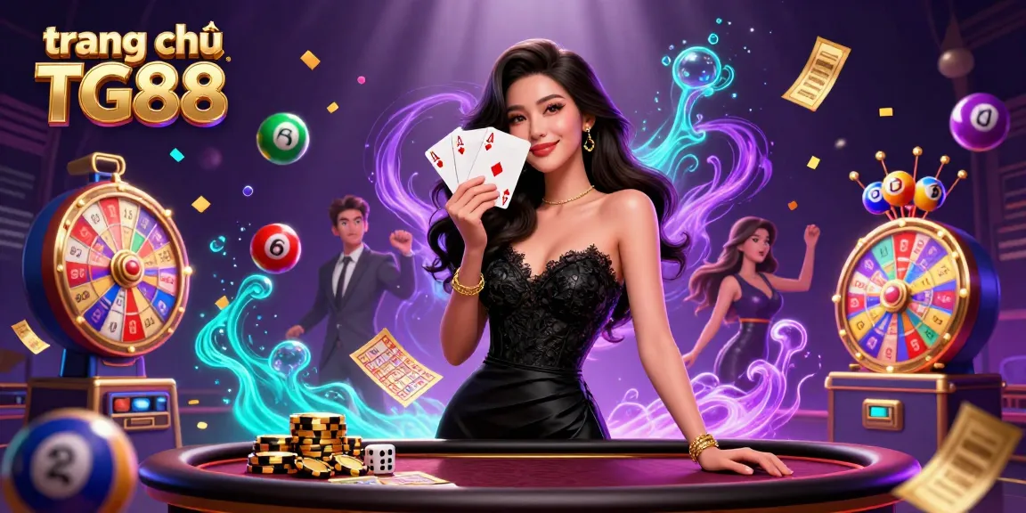 Experience thrilling gameplay at trang chủ TG88, featuring a glamorous Asian woman holding cards in a rich casino setting.