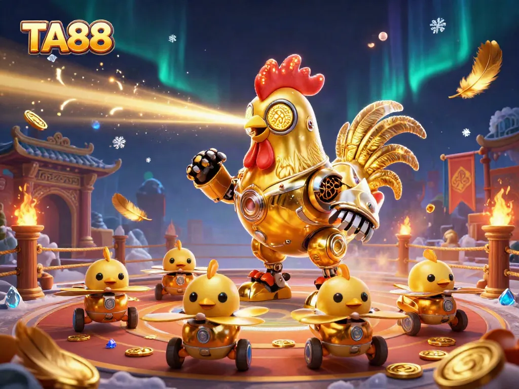 Immerse in TA88’s vibrant gaming world as golden rooster robot leads baby chick drones amidst swirling casino elements.