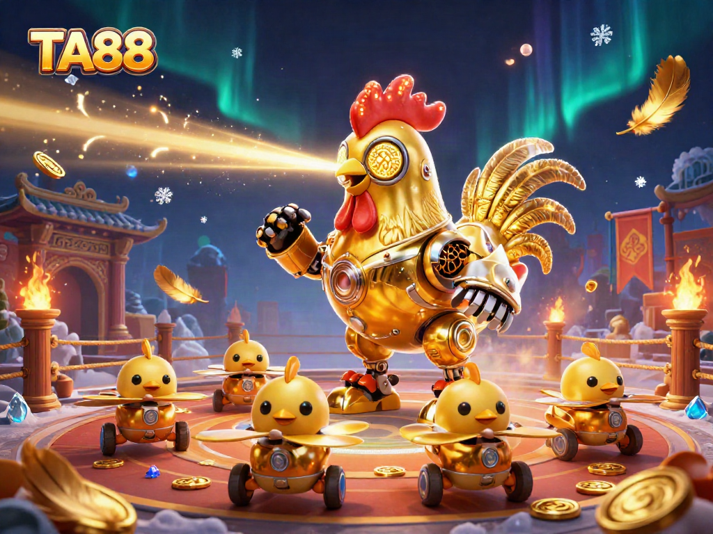 Immerse in TA88’s vibrant gaming world as golden rooster robot leads baby chick drones amidst swirling casino elements.