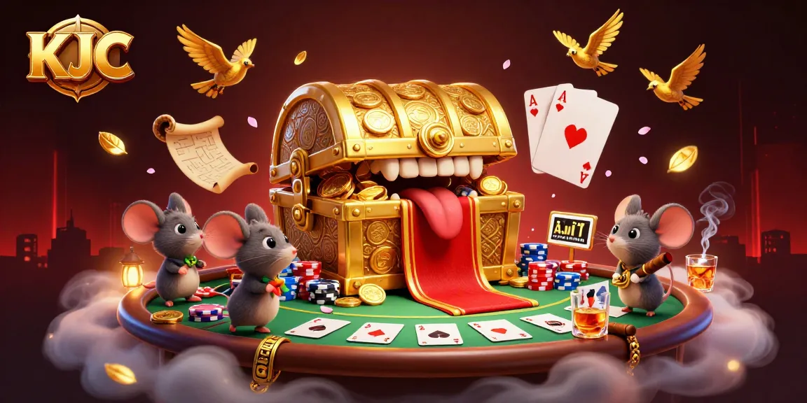 Engage with KJC's vibrant gaming universe, featuring a golden treasure chest and poker atmosphere.