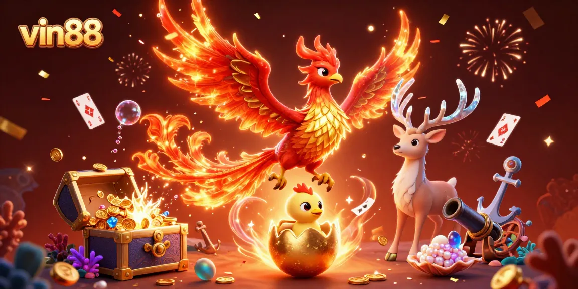 Experience the thrill of vin88 with a vibrant gaming scene featuring a phoenix and rich treasures.