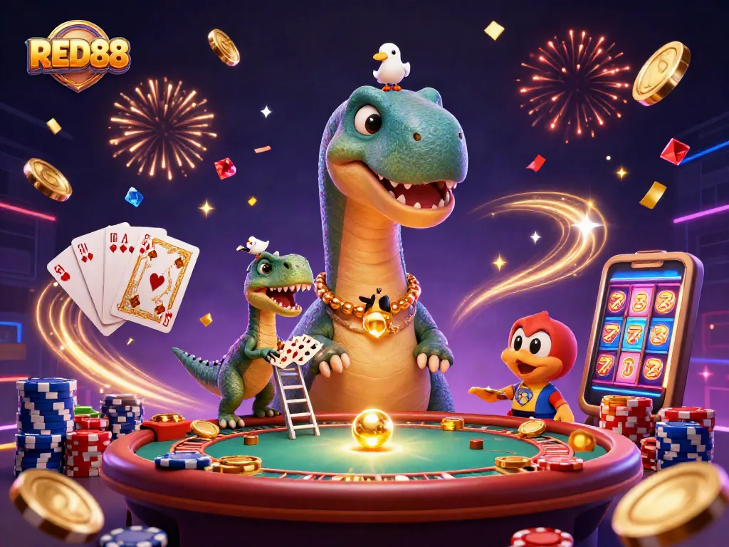 Dive into the excitement of RED88 with a 3D illustration showcasing fun casino elements.