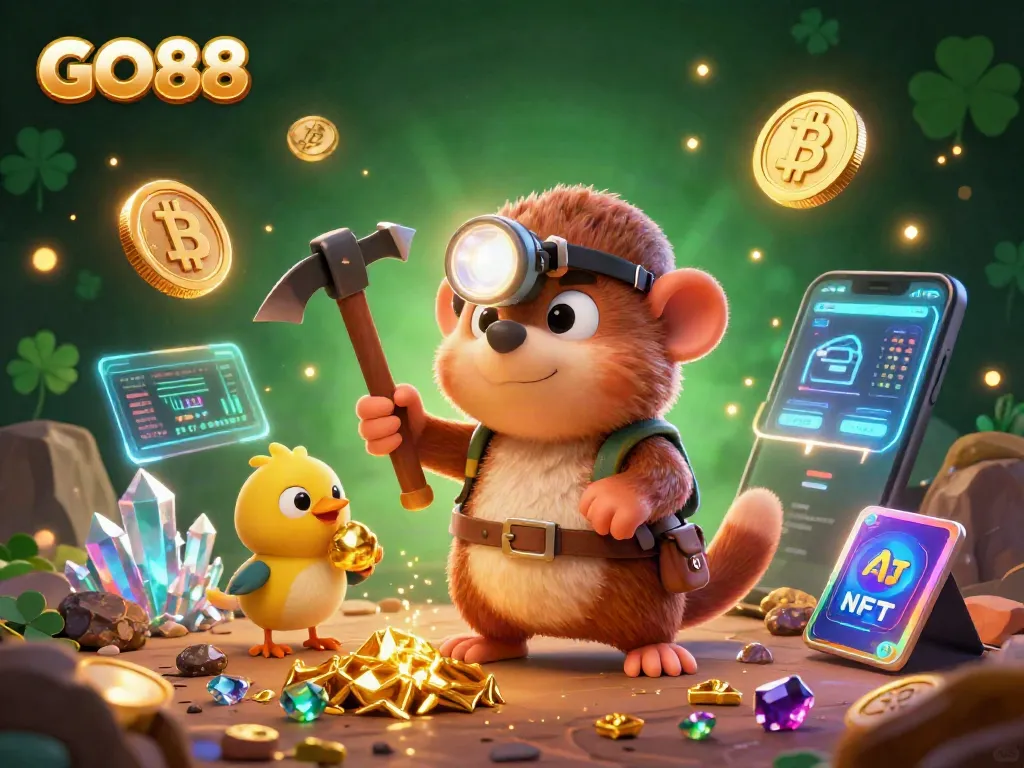 Experience GO88's vibrant gaming atmosphere with a treasure hunting theme showcasing crypto elements.