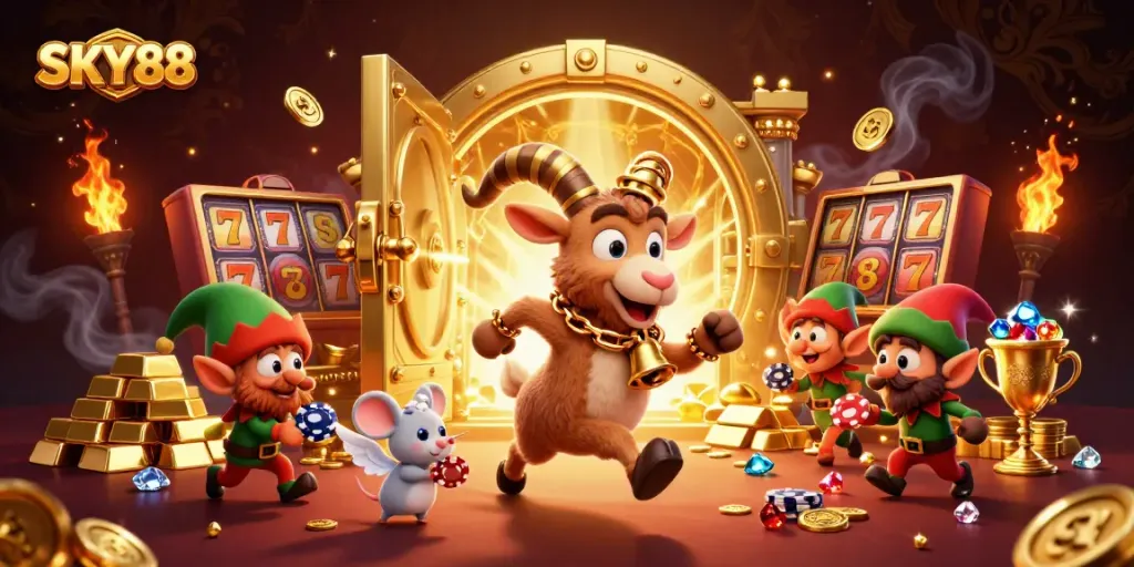 Experience the excitement at SKY88 casino with Krampus, an angel mouse, and mischievous elf gremlins.