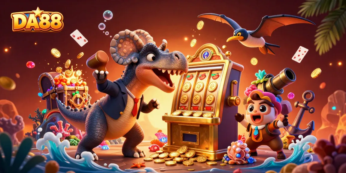 DA88 showcases a pachycephalosaurus winning jackpots in a vibrant casino scene.