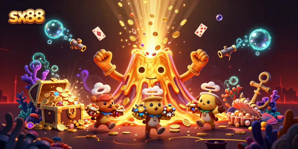 Spin and win at sx88 with thrilling gaming elements surrounding a golden volcano erupting coins.
