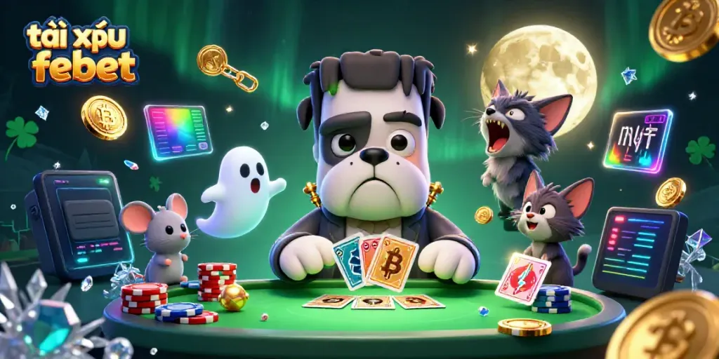 Engage with tài xỉu febet at a lively casino scene featuring unique characters and glowing crypto elements.