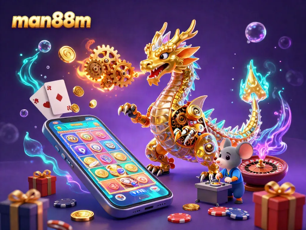 Engage with the thrilling gaming universe of man88m, featuring a golden dragon and exciting slot game elements.