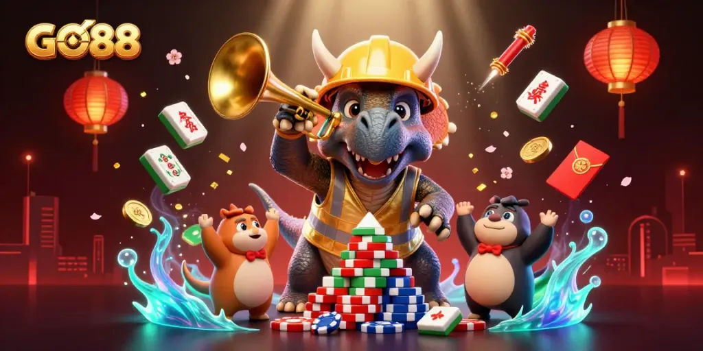 Engage in thrilling GO88 casino gameplay with a vibrant celebration scene featuring a triceratops and friends.