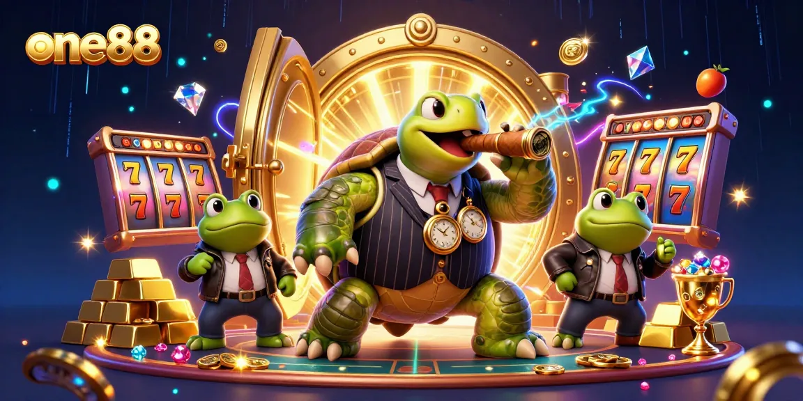 one88 casino adventure showcasing a snapping turtle and bullfrogs surrounded by slot reels and treasure.