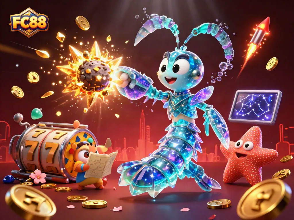 Engage with exciting FC88 slot adventures, featuring a galactic mantis shrimp and vibrant luck symbols.
