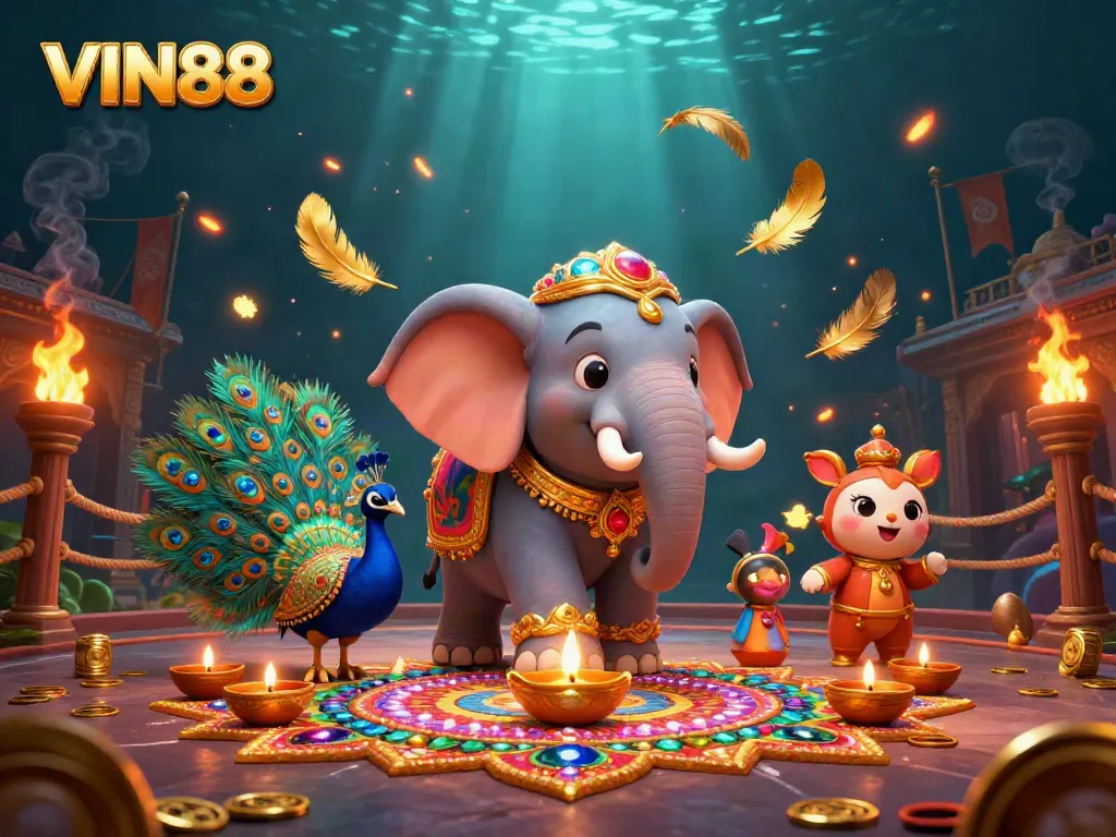 Experience exciting betting opportunities at VIN88 with vibrant illustrations of a golden elephant and peacock.