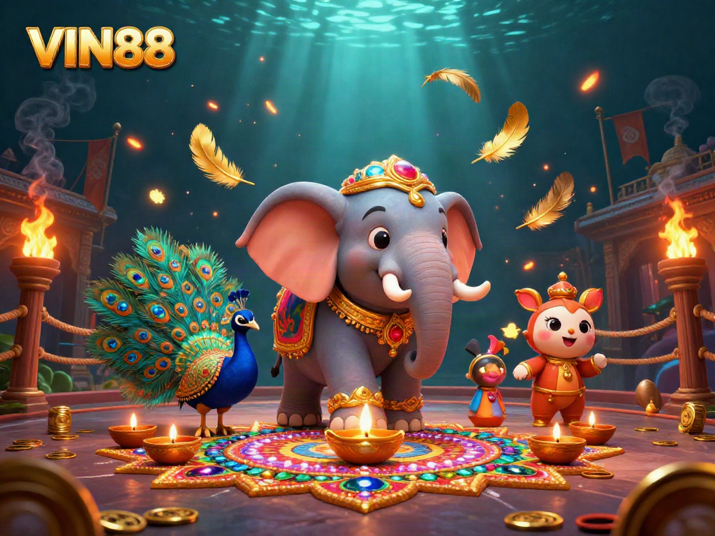 Experience exciting betting opportunities at VIN88 with vibrant illustrations of a golden elephant and peacock.
