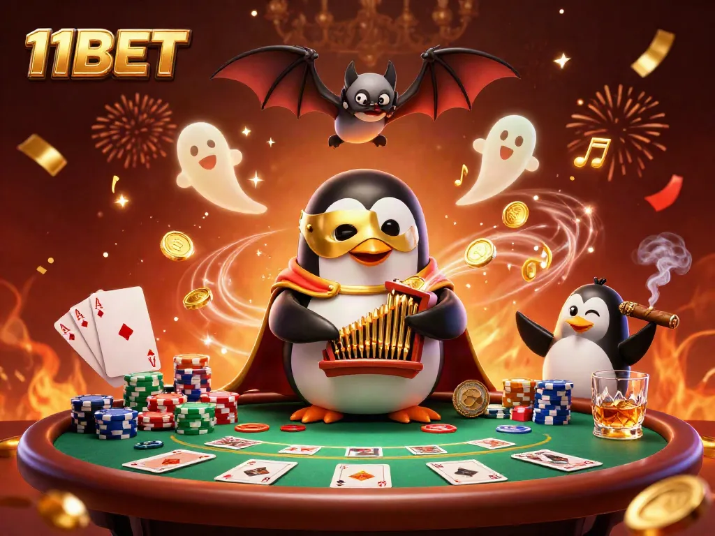 Experience thrilling gameplay with 11BET featuring a penguin organist surrounded by poker elements and dynamic casino atmosphere.