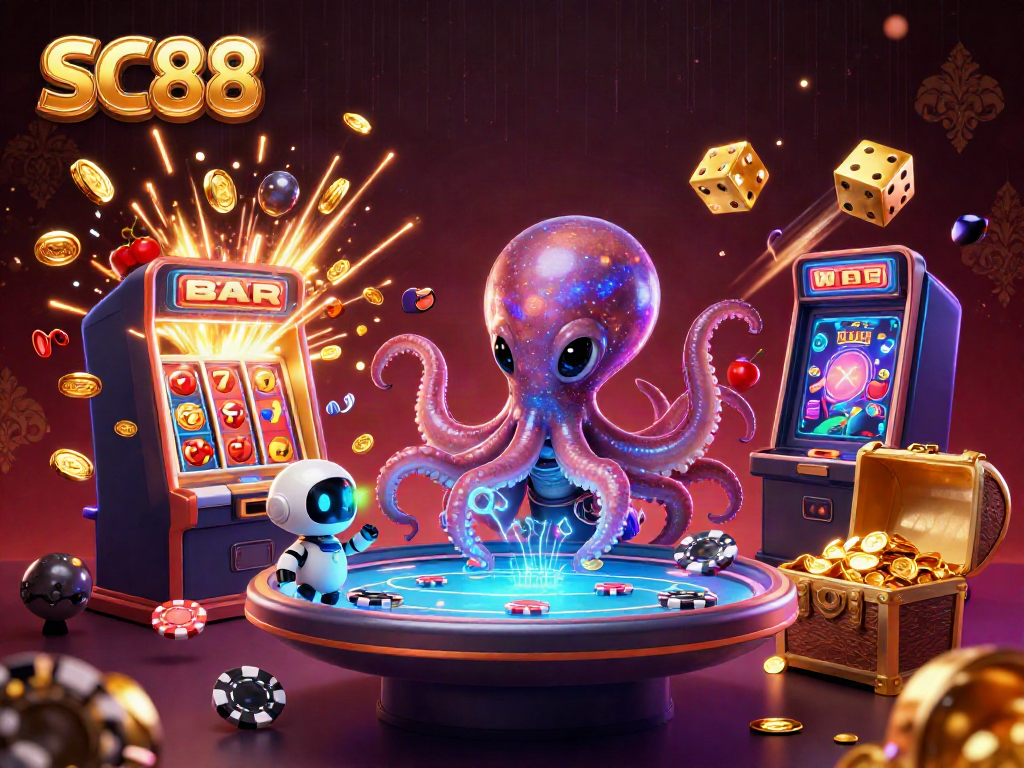 Experience thrilling gameplay at SC 88 with our 3D virtual casino illustration featuring an octopus and robot.