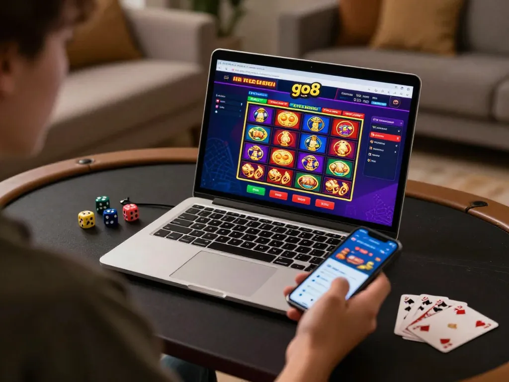 Engaging in online casino gaming on the go8 platform, showcasing a vibrant casino interface and strategic decision-making.