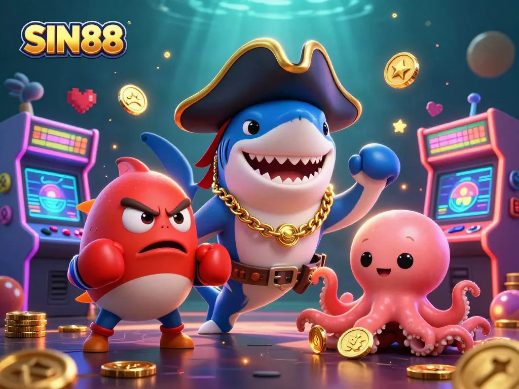 Engage with SIN88's vibrant casino experience featuring a shark and octopus amidst arcade games.