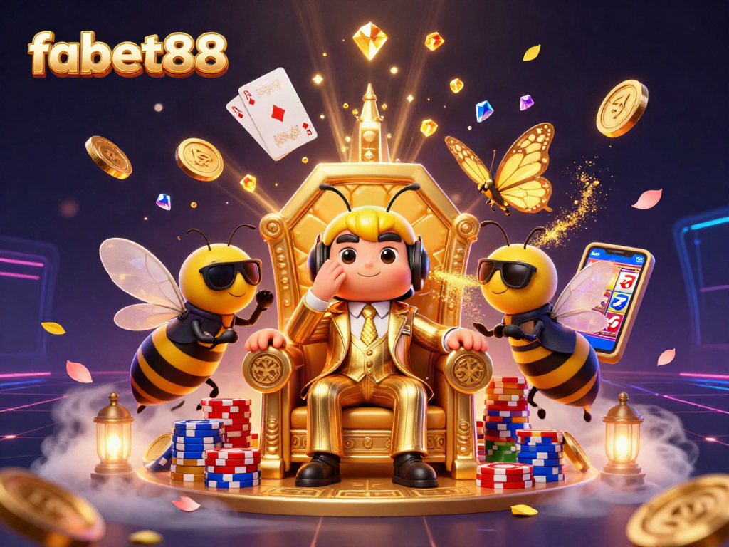 Win big at fabet88 with a vibrant digital illustration showcasing a bumblebee mob boss and lively casino elements.