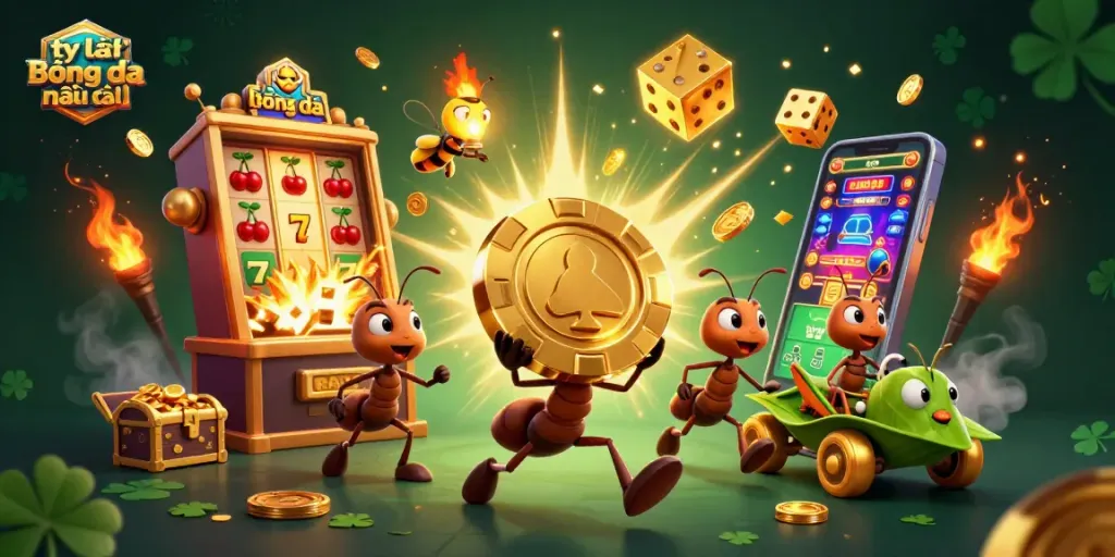 Experience exciting tỷ lệ bóng đá nhà cái with ants carrying a giant poker chip in an energetic casino scene.