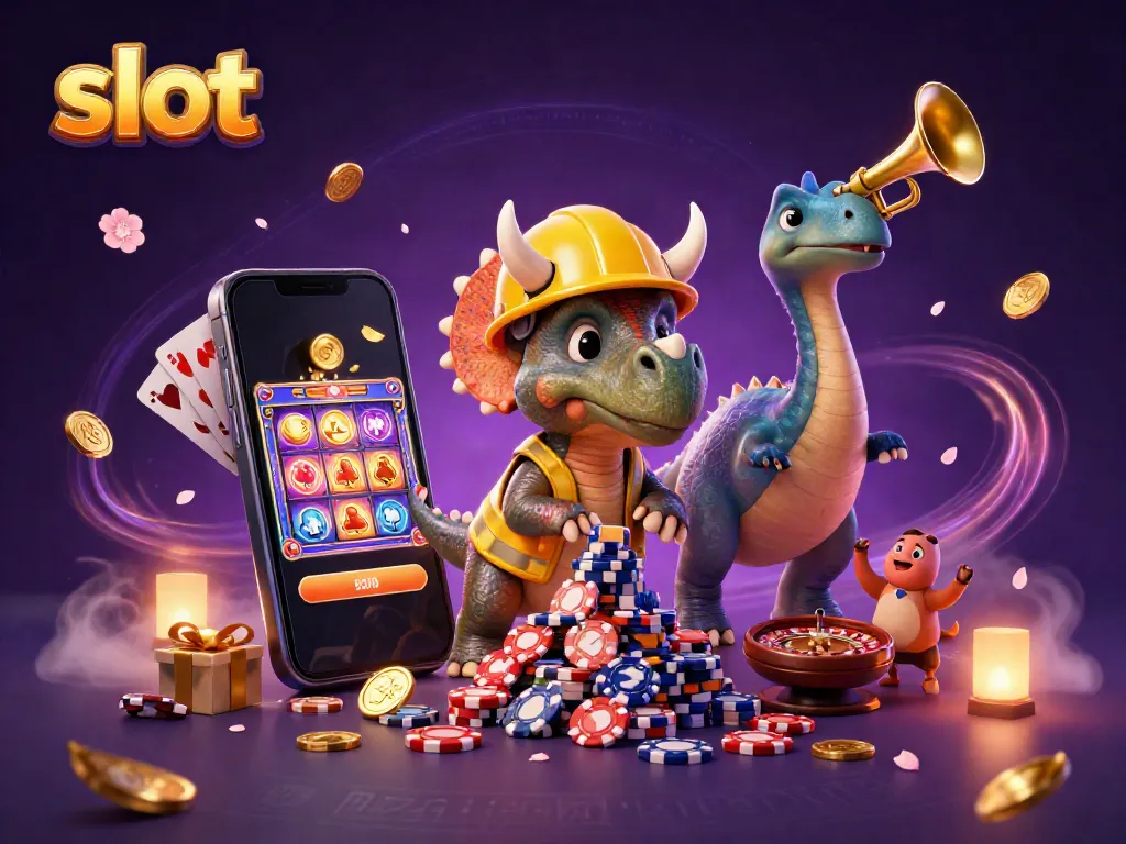 Experience the excitement of slot games in a vibrant 3D casino scene with cartoon dinosaurs.