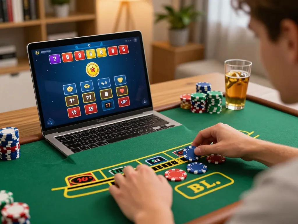 Player engaging with Jun88 live dealer blackjack, chips ready for bet in cozy home setting.