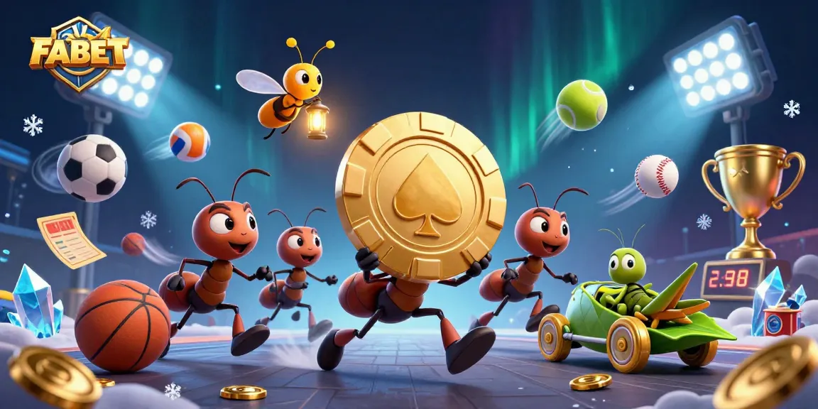 FABET gaming engagement with 3D cartoon ants heist, poker chip, and sports elements.