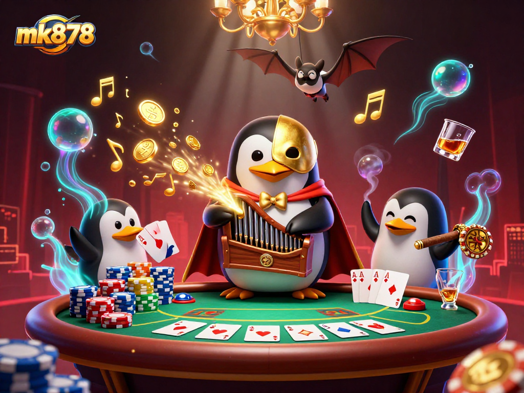 Experience the excitement of mk878 with golden coins flying from a pipe organ in a vibrant casino scene.