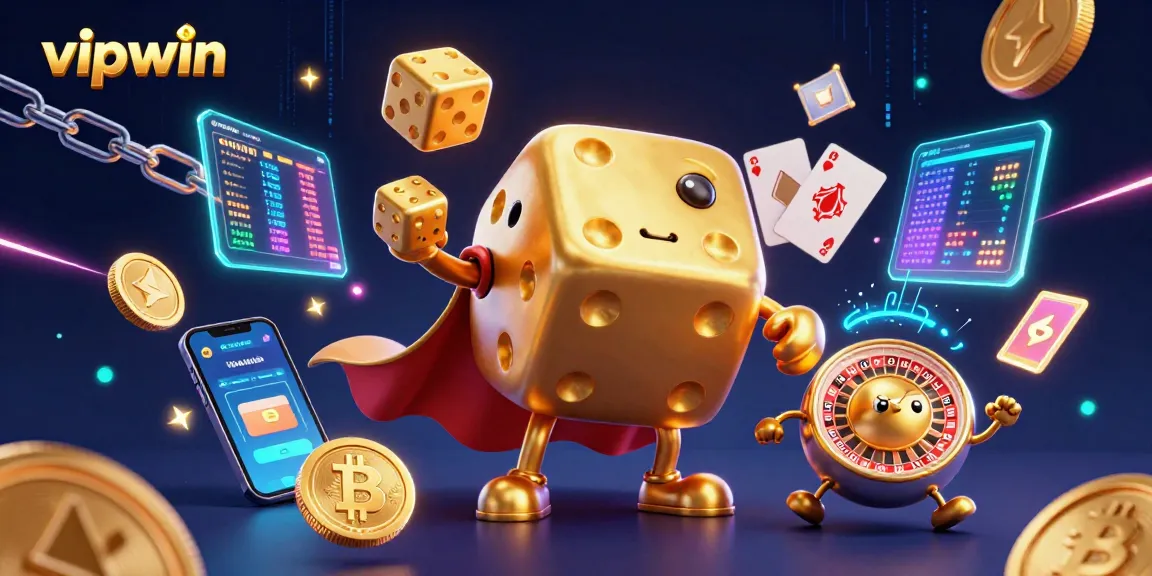 Engage in casino gaming with vipwin's vibrant 3D digital illustration of golden dice and crypto elements.