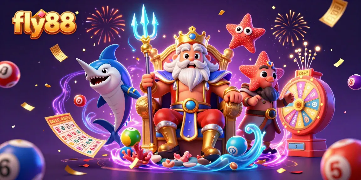 Experience the thrill of fly88 as the cartoon Neptune presides over a vibrant casino scene.