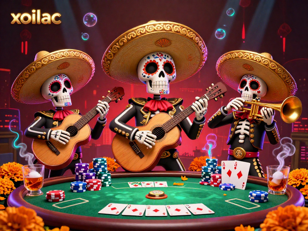 Join the vibrant celebration of xoilac with colorful skeleton mariachi musicians amidst a lively poker scene.
