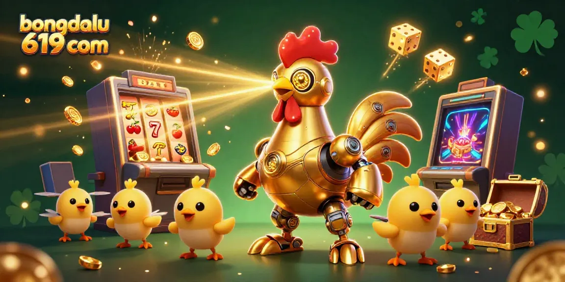 Experience the thrill of bongdalu 619 com with golden rooster robot and baby chick drones amidst vibrant casino elements.