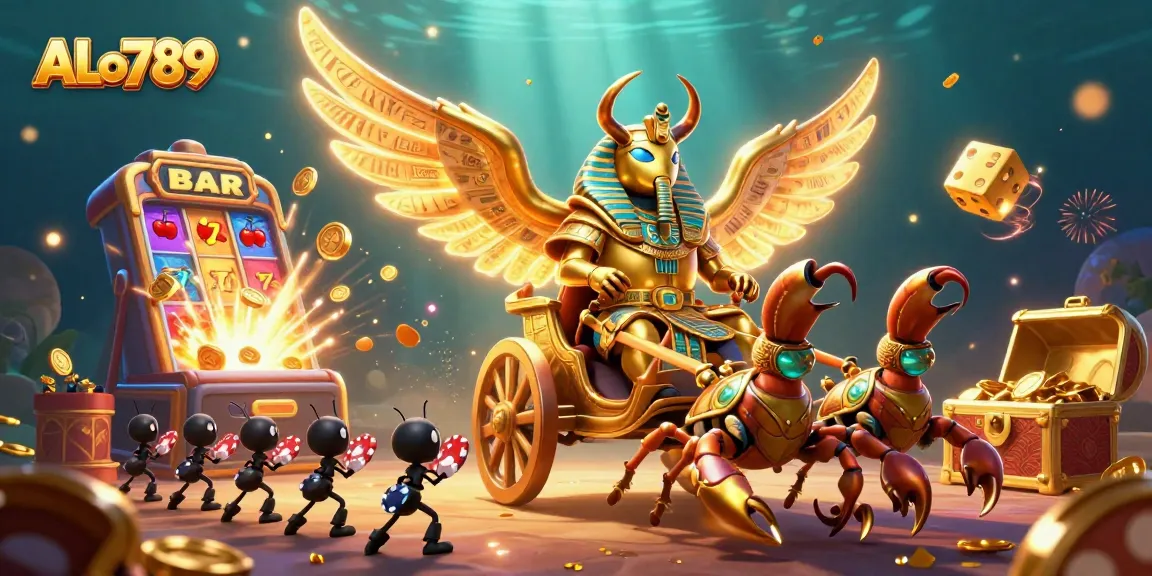 Bet on ALO789 with vibrant casino action, featuring a golden scarab beetle and dynamic symbols.