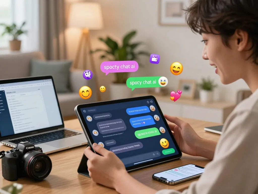 Engaging user interaction with spicy chat ai on a tablet in a cozy atmosphere.