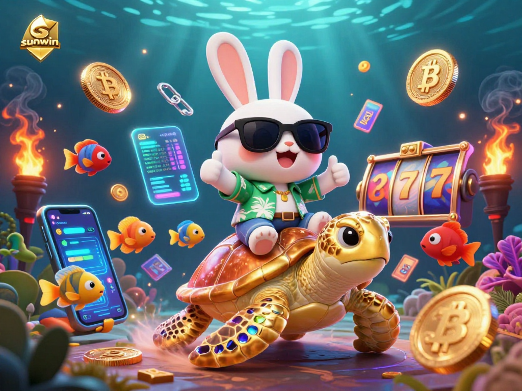 Experience thrilling wins with the sunwin lucky rabbit and golden turtle in a vibrant casino scene.