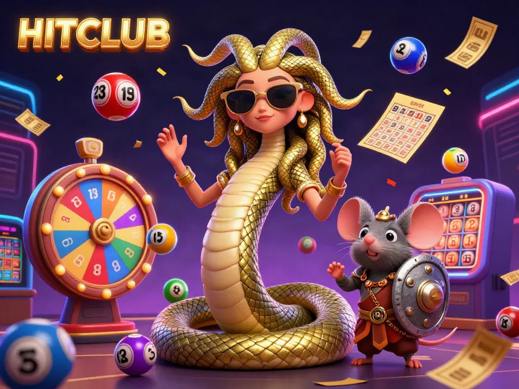Experience HITCLUB's vibrant gaming world with friendly characters and dynamic lottery elements.