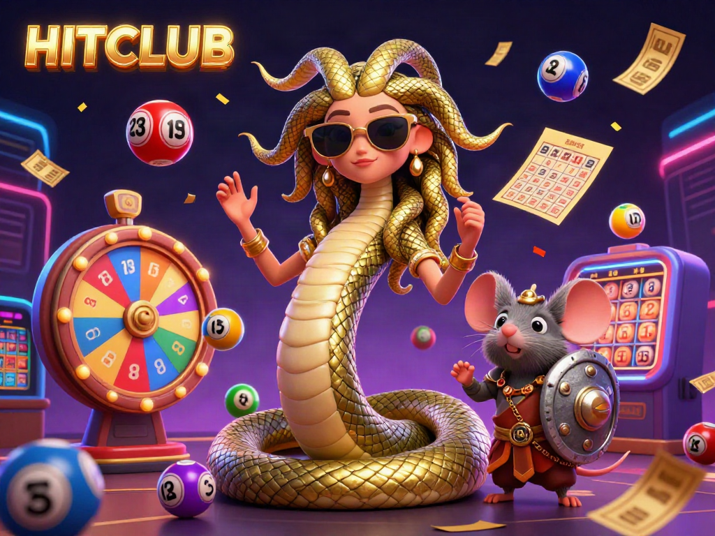 Experience HITCLUB's vibrant gaming world with friendly characters and dynamic lottery elements.