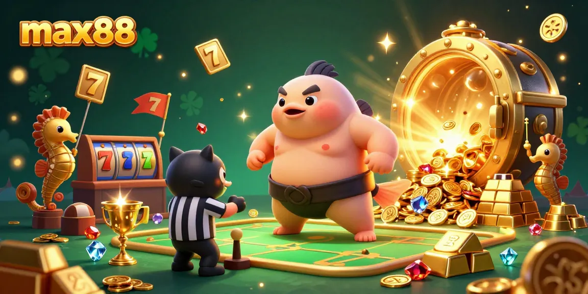 Win big at max88 with a vibrant underwater casino scene filled with treasures and playful characters.