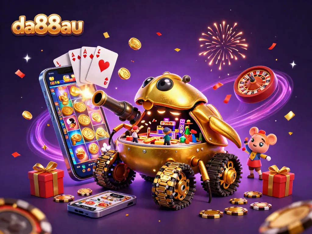 Engage with the da88au casino experience illustrated through a magical golden beetle tank bursting with fun gaming elements.