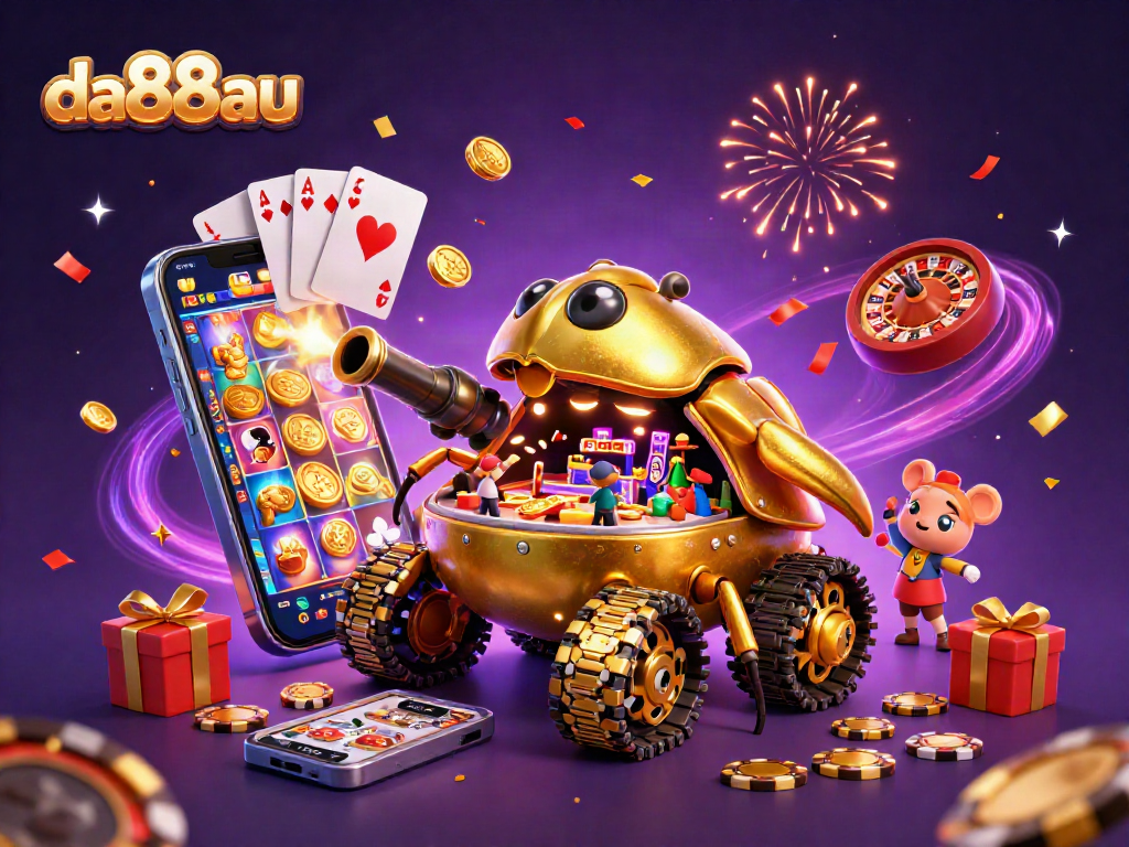 Engage with the da88au casino experience illustrated through a magical golden beetle tank bursting with fun gaming elements.