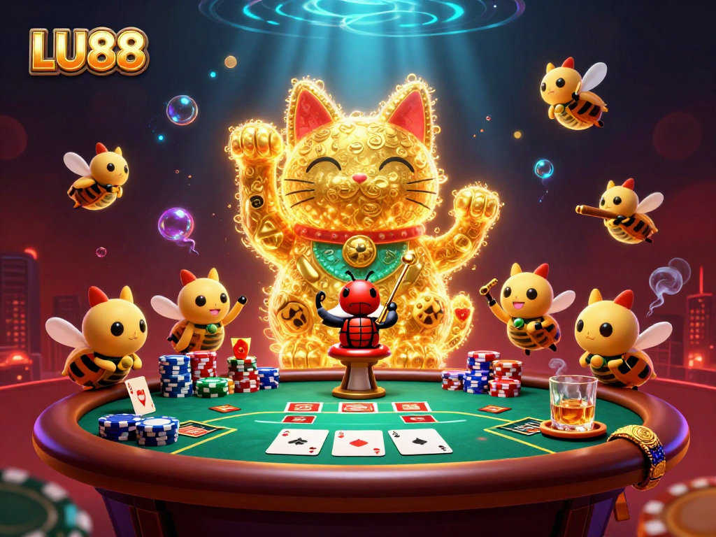 Engage in thrilling poker action with LU88's animated lucky cat and vibrant casino symbols.
