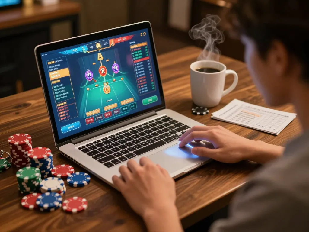 Engaging in Tai XiuOnline gameplay on laptop with colorful chips and betting notes nearby