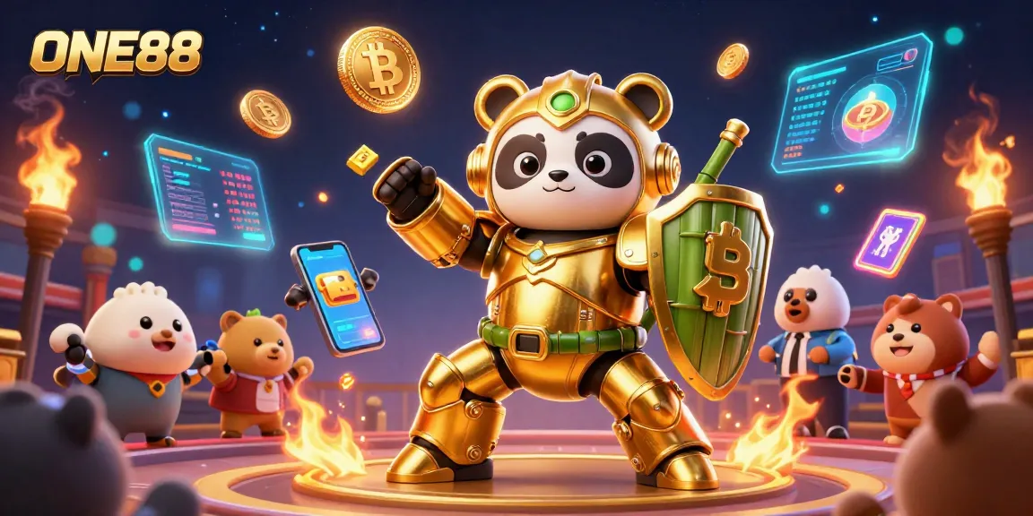 Engage in thrilling gameplay at ONE88 with a golden panda fighting robot in a vibrant casino arena.