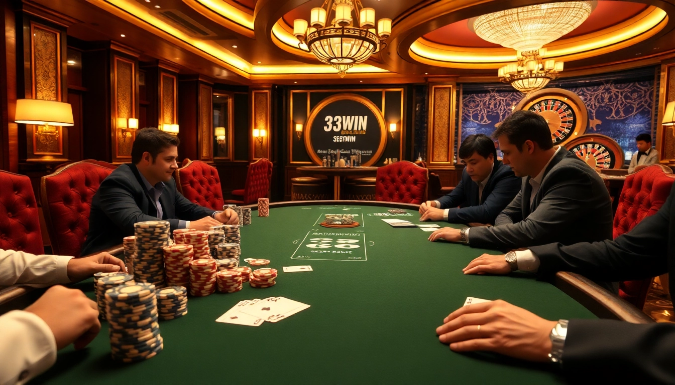 Experience the thrill of poker at 33WIN, featuring luxurious tables and intense gameplay.